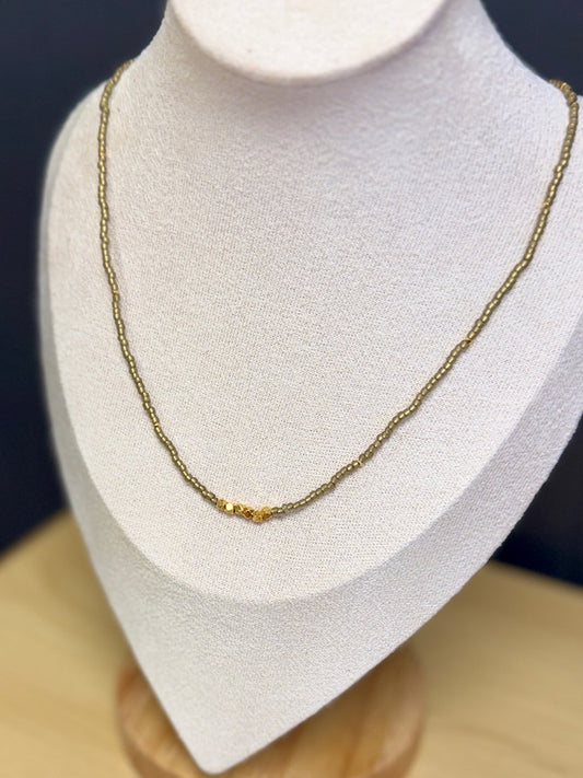 Golden Beige Seed Bead Necklace with Gold-Plated Pure Silver Nuggets – Delicate Stretchy Layering Necklace