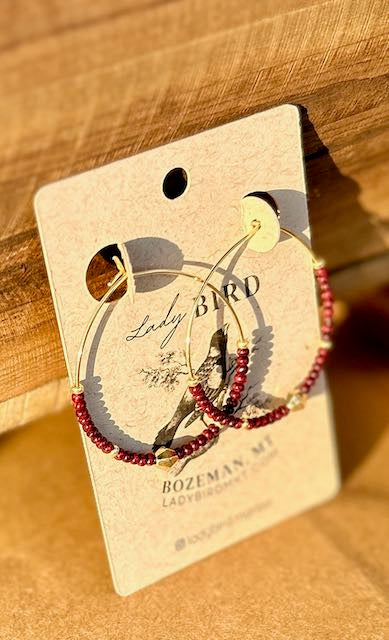 Deep Burgundy Gold or Silver Beaded Hoop Earrings