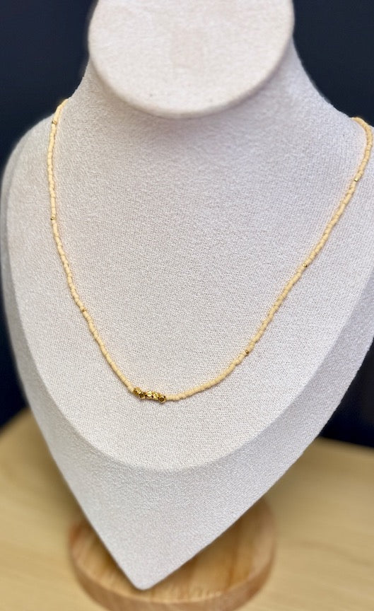 Creamy White Seed Bead Necklace with Gold-Plated Pure Silver Nuggets – Delicate Stretchy Layering Necklace (Copy) (Copy)