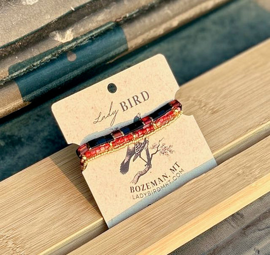Jet Black, Gold & Shiny Red Patterned Tila Bead Stacked Bracelet Set