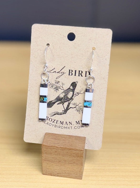 Bright White & Speckled Turquoise Tila Bead Dangle Earrings