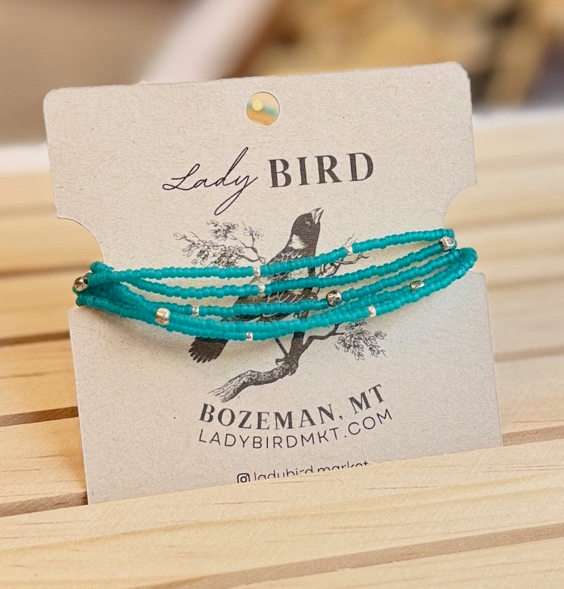 Frosted Bright Teal Green Seed Bead Wrap Bracelet Stack or Necklace with Gold or Silver