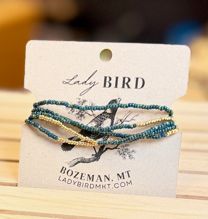 Speckled Dark Teal Seed Bead Wrap Bracelet Stack or in Gold or Silver Stripes