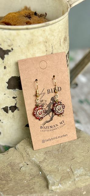 Translucent Red & Gold Etched Glass Wild Rose Flower Dangle Earrings