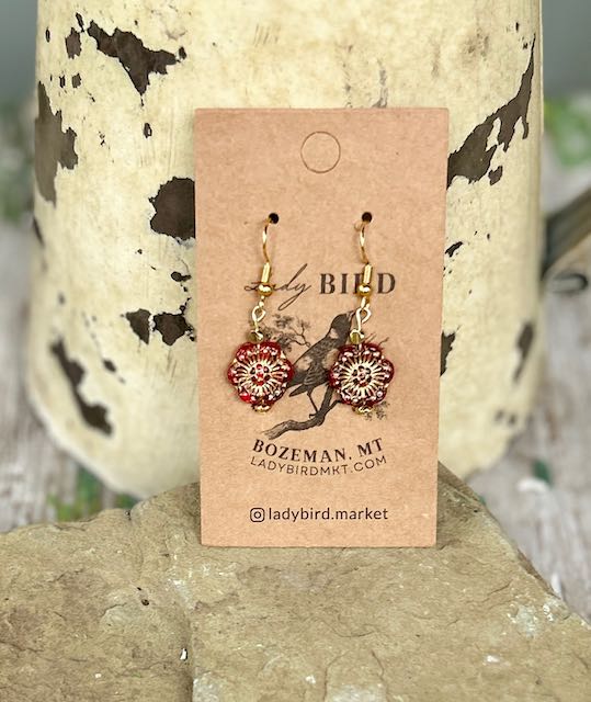 Translucent Red & Gold Etched Glass Wild Rose Flower Dangle Earrings