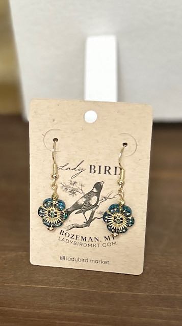 Capri Blue & Gold Etched Glass Wild Rose Flower Dangle Earrings