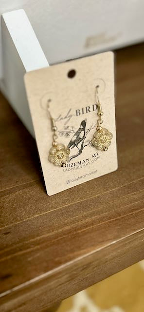 Crystal & Gold Etched Glass Wild Rose Flower Dangle Earrings