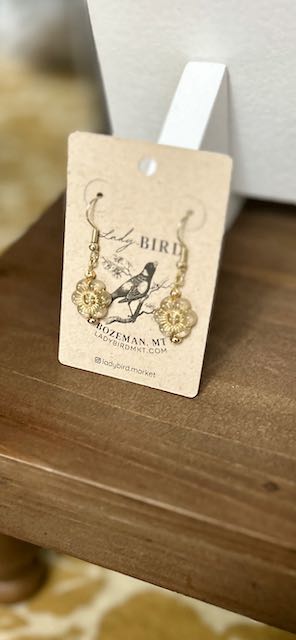 Crystal & Gold Etched Glass Wild Rose Flower Dangle Earrings