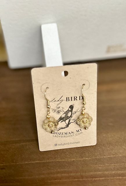 Crystal & Gold Etched Glass Wild Rose Flower Dangle Earrings