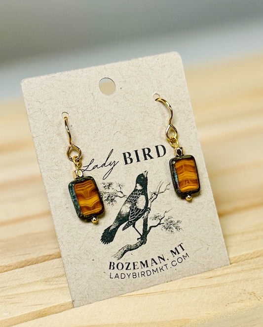 Amber Swirl Czech Glass Rectangle Dangle Earrings in Silver or Gold