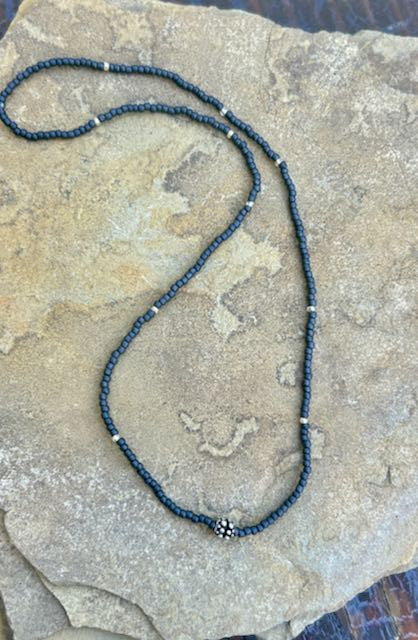 Charcoal Grey & Beady Silver Charm Stretchy Seed Bead Pendant Necklace