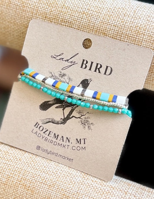 Coastal Mosaic Stretchy Tila Bracelet Set with Turquoise in Gold or Silver