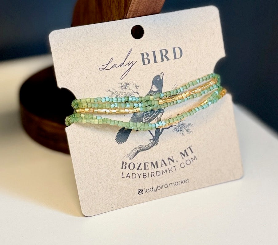 Crystal Cut Forest Green Seed Bead 5-Wrap Bracelet Stack or Necklace in Gold or Silver Stripes