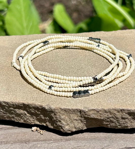 Creamy White & Silver or Gold Arrow 5-Wrap Boho Beaded Bracelet