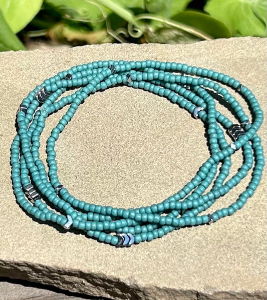 Silver Arrow & Sage Green 5-Wrap Boho Beaded Bracelet