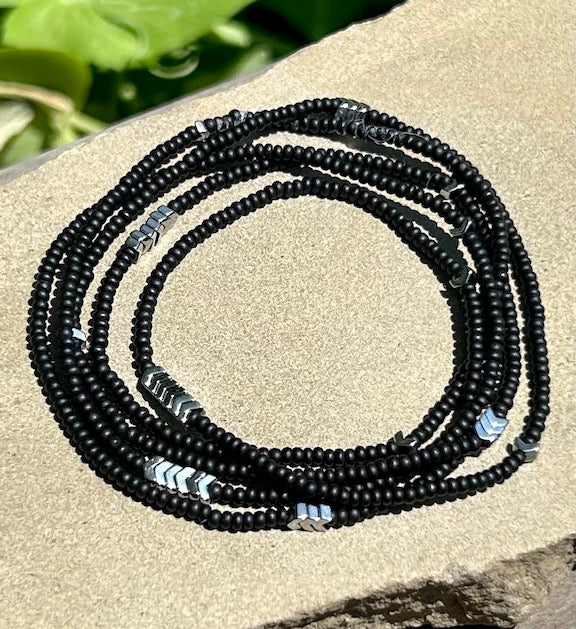 Jet Black & Gold or Silver Arrow 5-Wrap Boho Beaded Bracelet