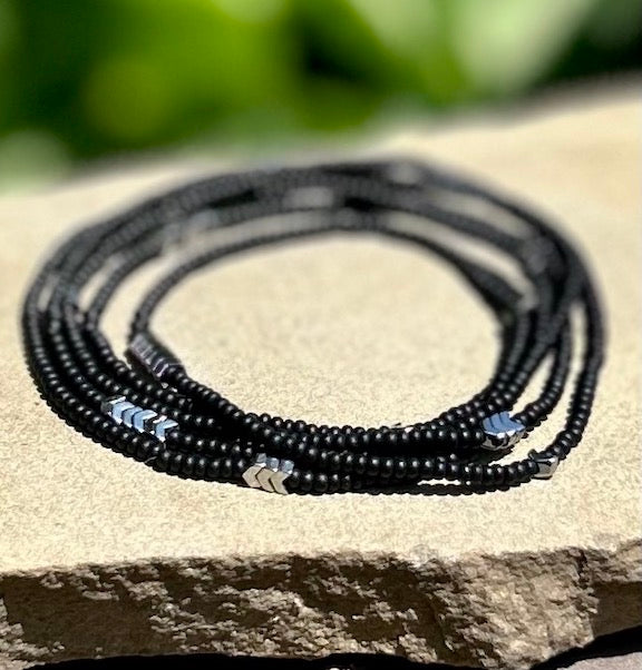 Jet Black & Gold or Silver Arrow 5-Wrap Boho Beaded Bracelet