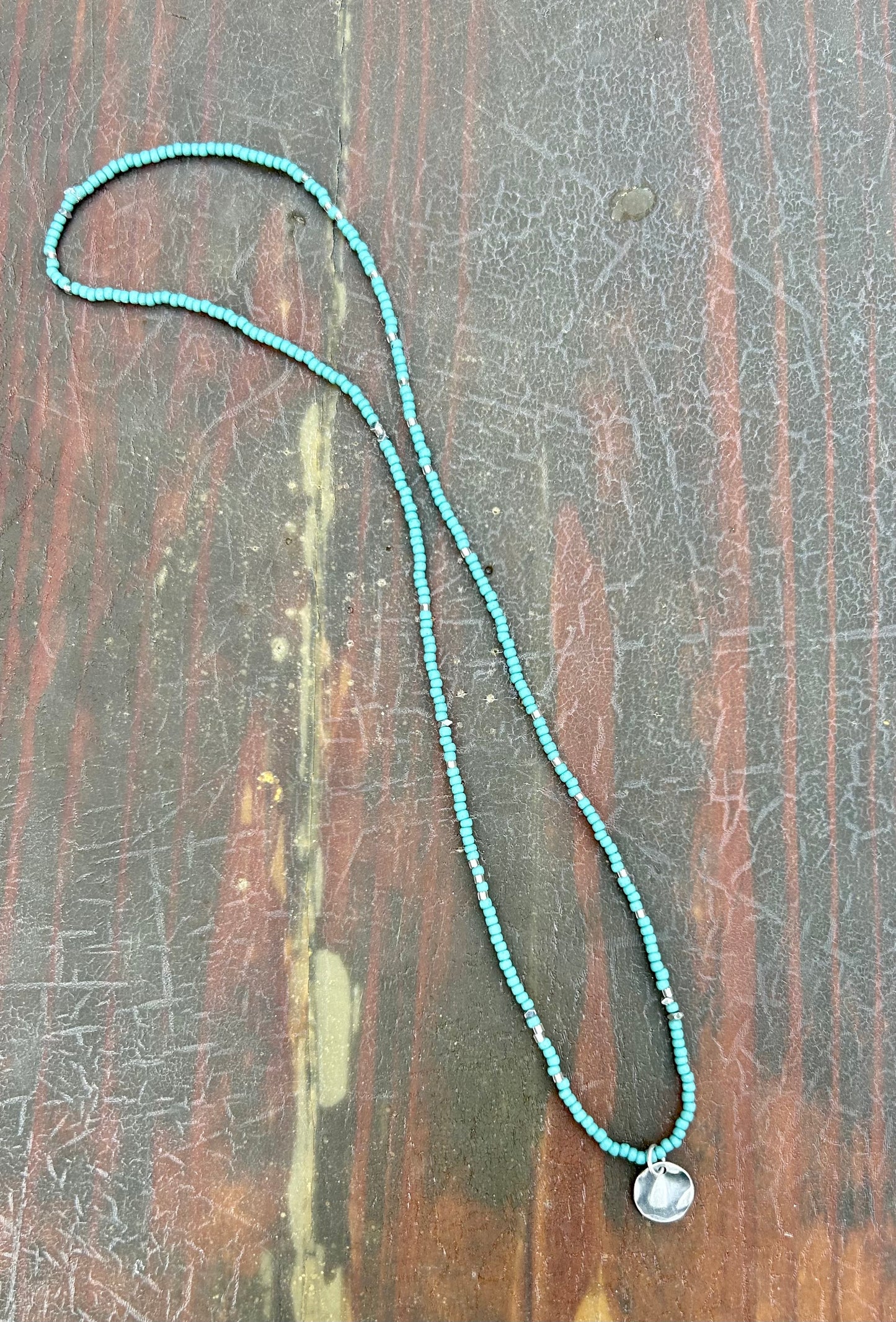 Turquoise Boho Seed Bead Necklace with Silver Circle