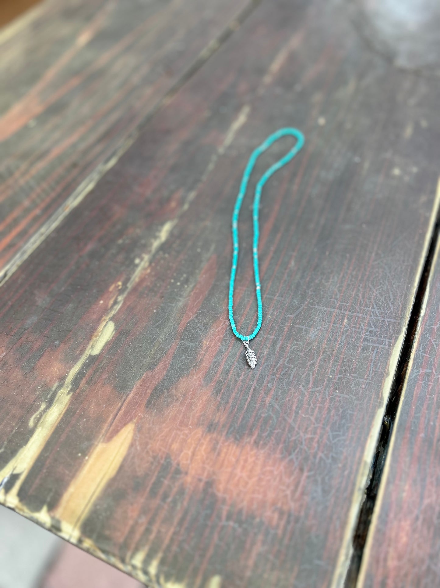 Turquoise Boho Seed Bead Necklace with Silver Leaf