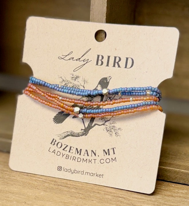 Denim Blue & Peachy Seed Bead Wrap Bracelet Stack or Necklace with Gold or Silver