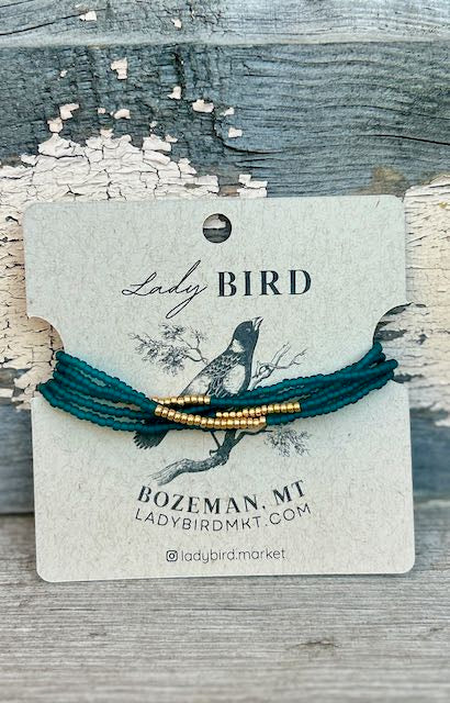 Opaque Teal Green & Gold or Silver Lined Seed Bead Boho Wrap Bracelet