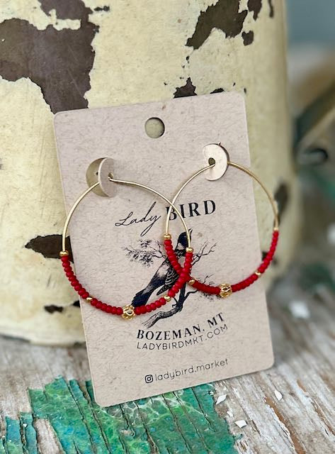 Scarlet Red & Gold Beaded Hoop Earrings