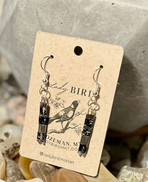Marbled Black & Silver or Gold Tila Bead Dangle Earrings