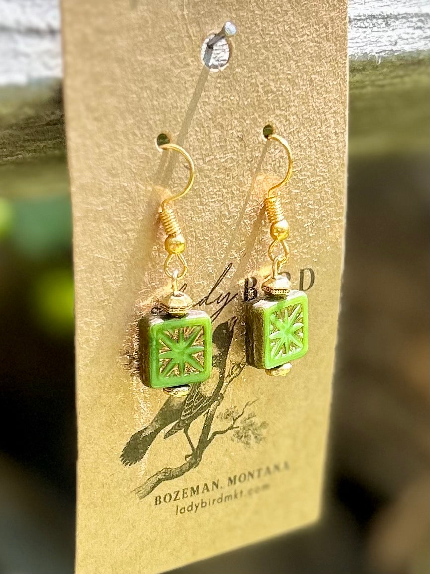 Blue & Gold Star-Flower Etched Glass Earrings
