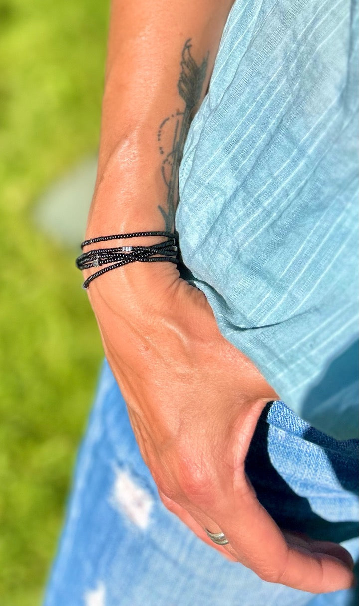 Jet Black & Gold or Silver Arrow 5-Wrap Boho Beaded Bracelet