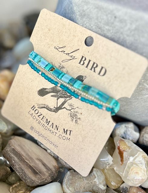 Sea Glass Mixed Blue Stretchy Tila Bead Stacked Bracelet Set in Silver or Gold