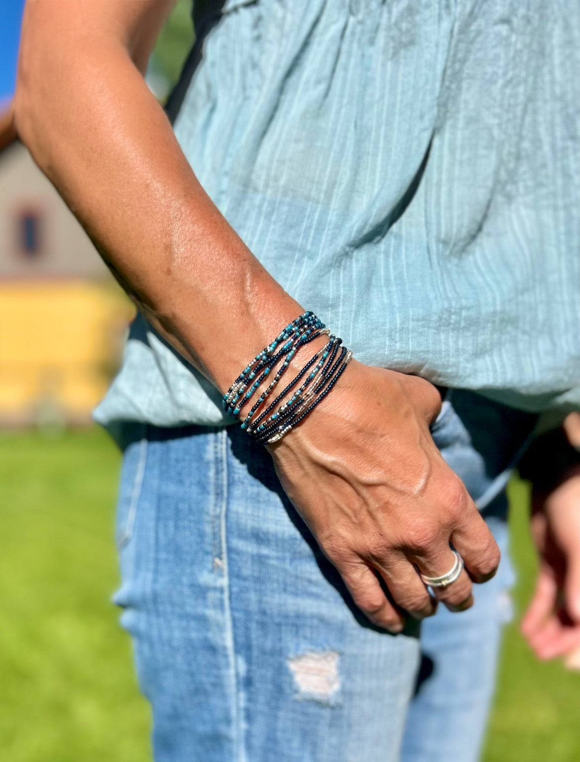 Double-Up 2-Piece Navy Blues Mix Silver-Sprinkle Beaded Wrap Bracelet