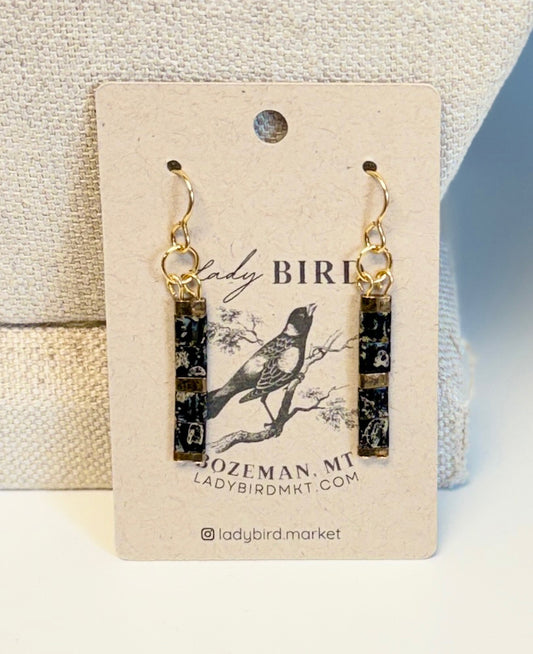 Marbled Black & Silver or Gold Tila Bead Dangle Earrings