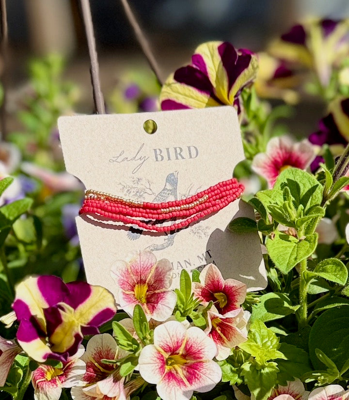 Cherry Red Gold or Silver Striped Beaded Wrap Bracelet or Necklace