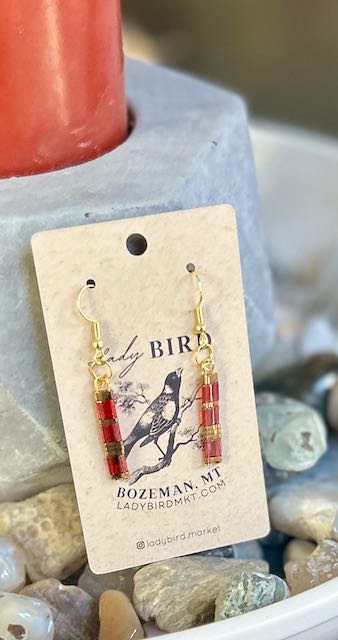 Holiday Shiny Bright Red & Gold or Silver Tila Bead Dangle Earrings