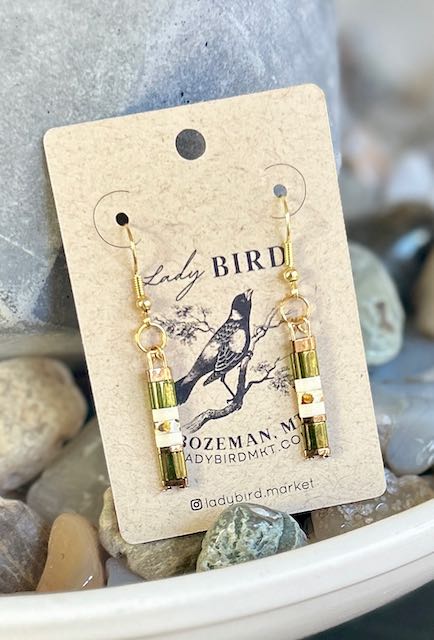 Shiny Pine Green & Creamy White Tila Bead Dangle Earrings