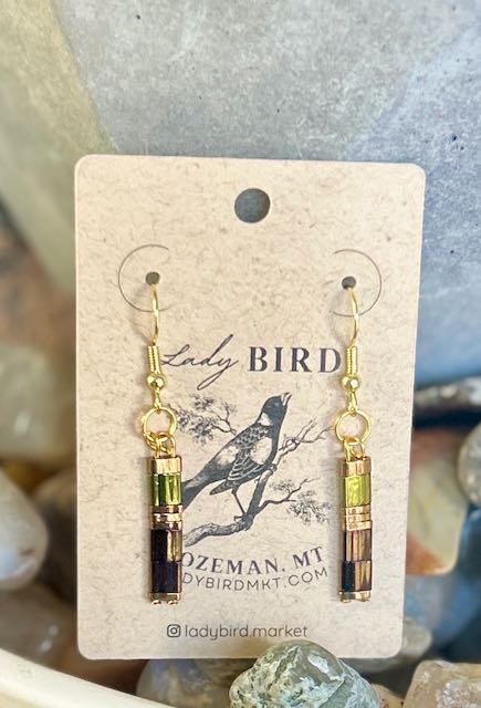 Shiny Pine Green & Gold Tila Bead Dangle Earrings