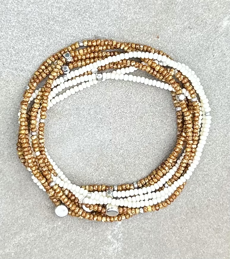 Speckled Tan & Silver-Sprinkled Beaded Boho Wrap Bracelet