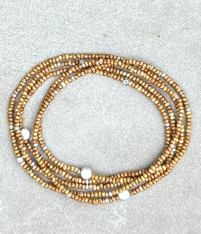 Speckled Tan & Silver-Sprinkled Beaded Boho Wrap Bracelet