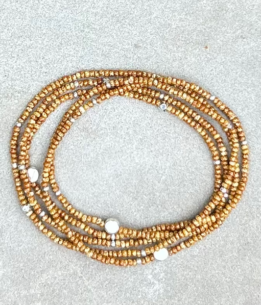 Speckled Tan & Silver-Sprinkled Beaded Boho Wrap Bracelet