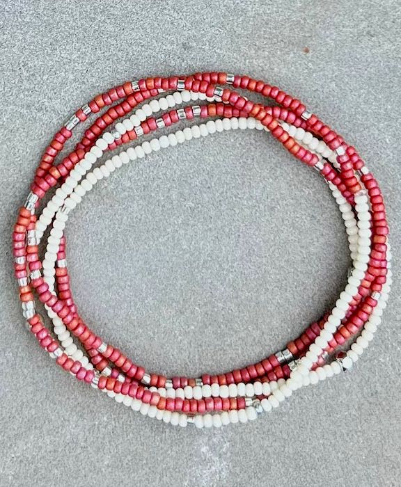 Brick Red, White & Silver or Gold Sprinkled Beaded 5-Wrap Bracelet