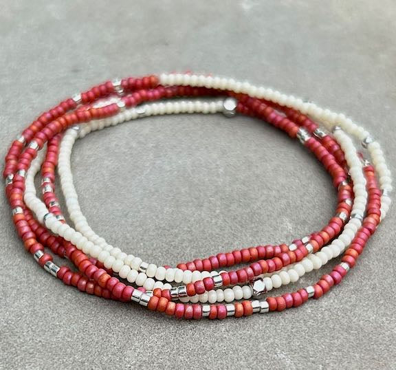 Brick Red, White & Silver or Gold Sprinkled Beaded 5-Wrap Bracelet