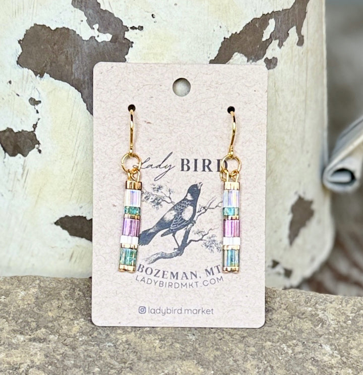 Purple Haze Tila Bead Dangle Earrings in Silver or Gold