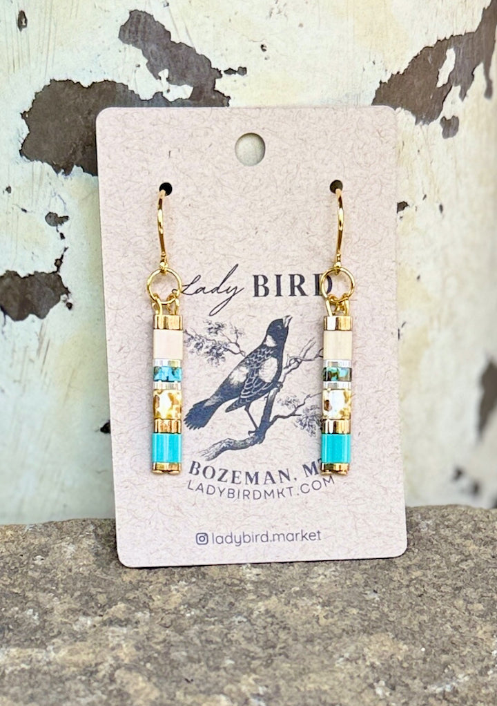 Blue Lagoon Tila Bead Dangle Earrings in Silver or Gold