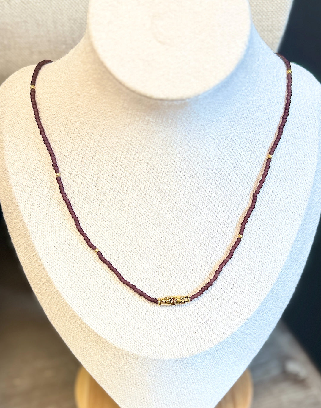 Plum Purple Stretchy Seed Bead Necklace with Gold Western Floral Charm
