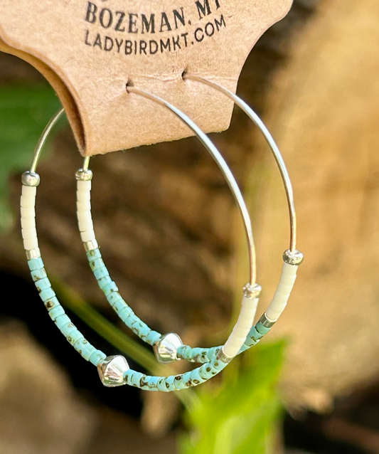 Speckled Turquoise & Silver Beaded Hoop Earrings