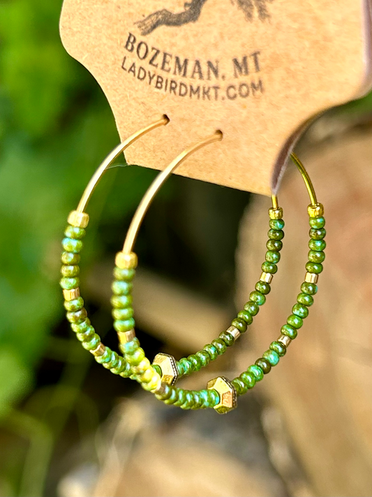Hunter Green & Gold Beaded Hoop Earrings