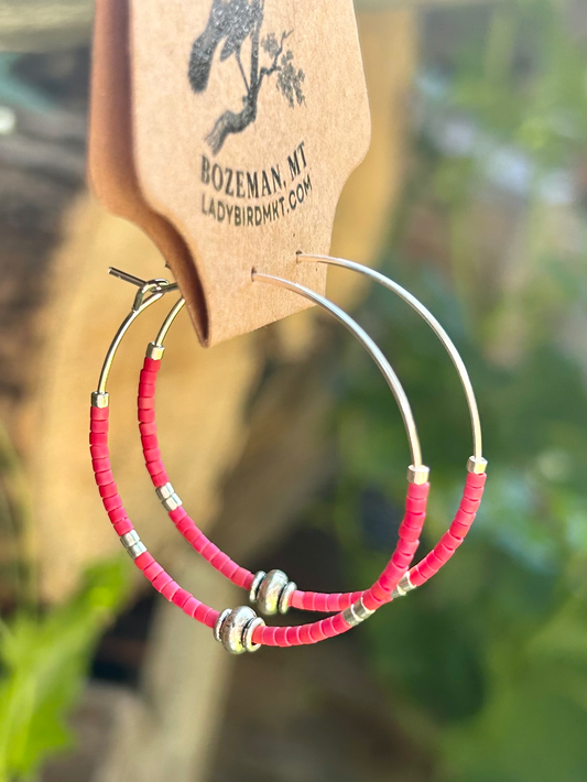 Brick Red & Silver Beaded Hoop Earrings