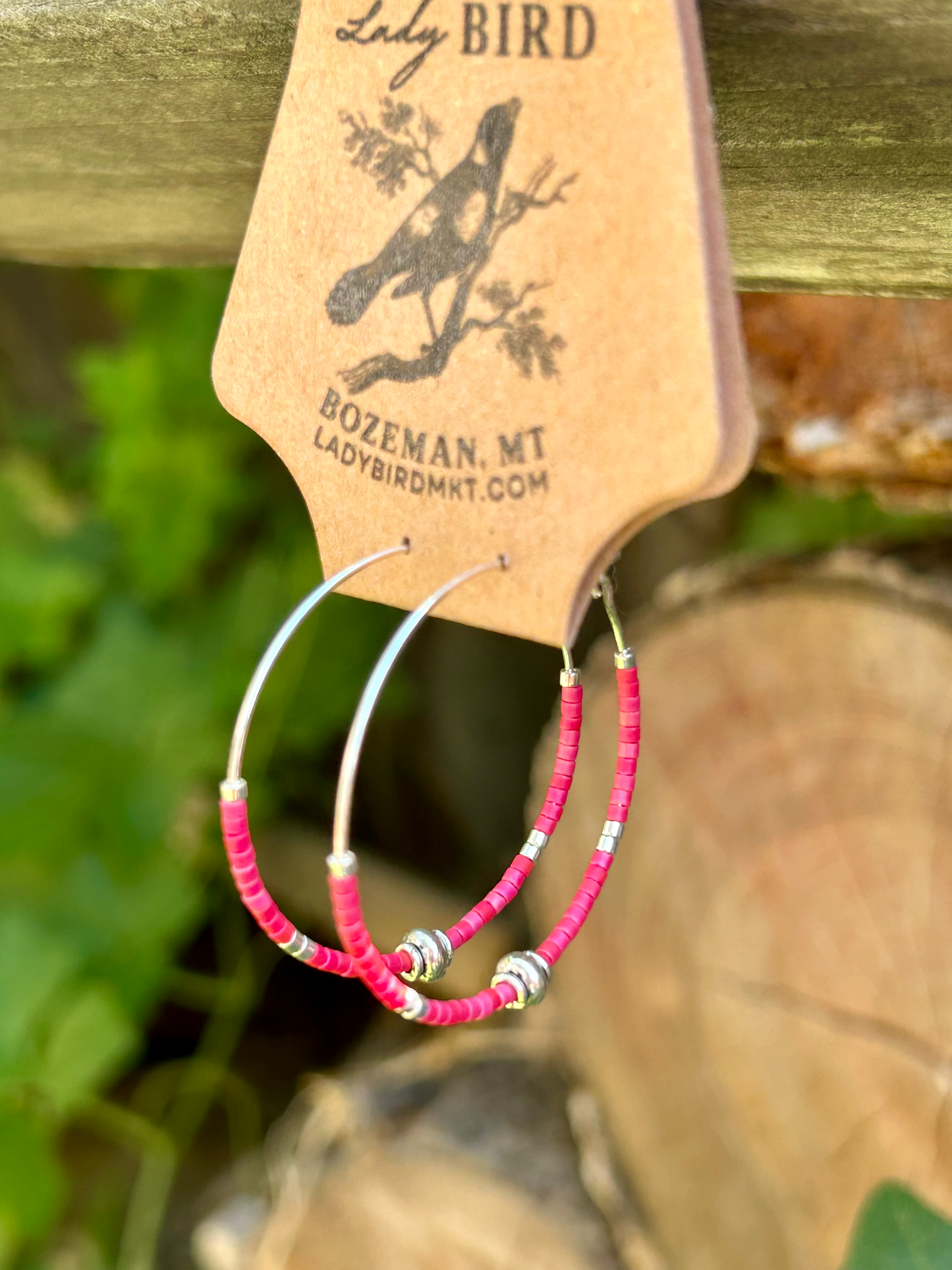 Brick Red & Silver Beaded Hoop Earrings