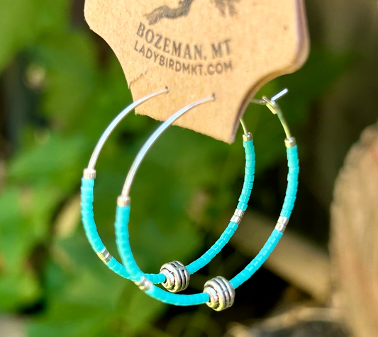 Turquoise & Silver Pendant Beaded Hoop Earrings