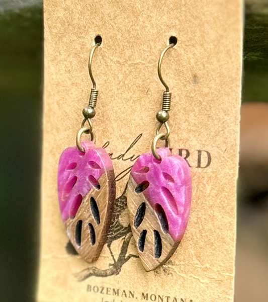Walnut Wood & Magenta Resin Leaf Earrings